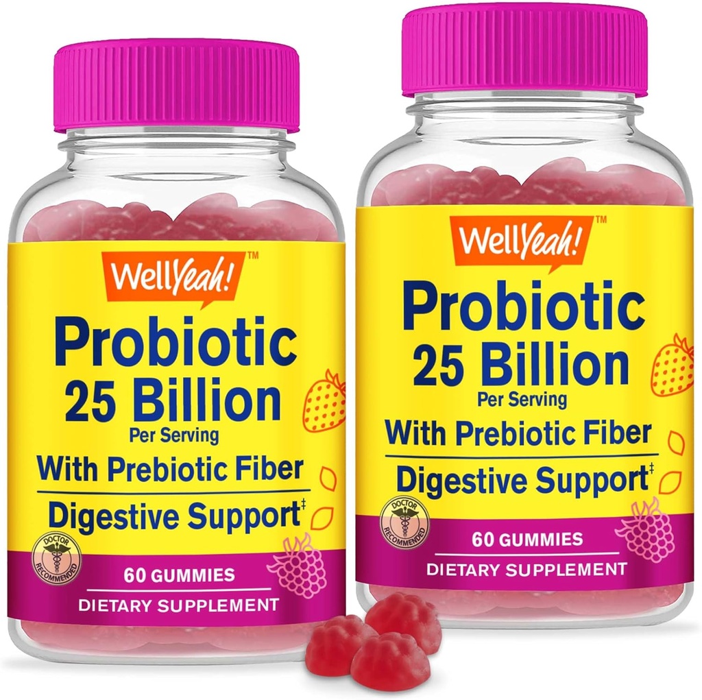 WellYeah (2 Pack 25 Billion Probiotics + Prebiotics for Men and Women Gummies - Digestive Support, Gut Health, Immune Support Gummy - Probiotika för Digestive Health med 12 stammar - 60 Gummies