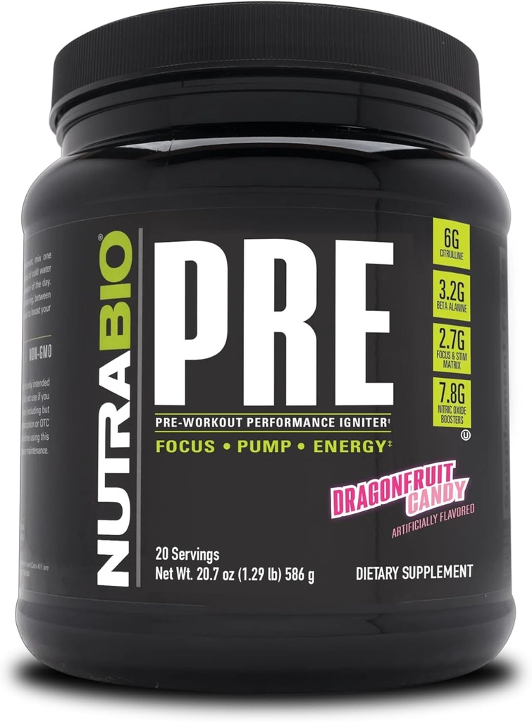 NutraBio PRE Treenout Powder - Vanha Formula-kestävä energia, Mental Focus, Endurance - Beta Alanine, Creatiini, Kofeiini, Electrolyytit - 20 Tarjoilut - Dragonfrut Candy