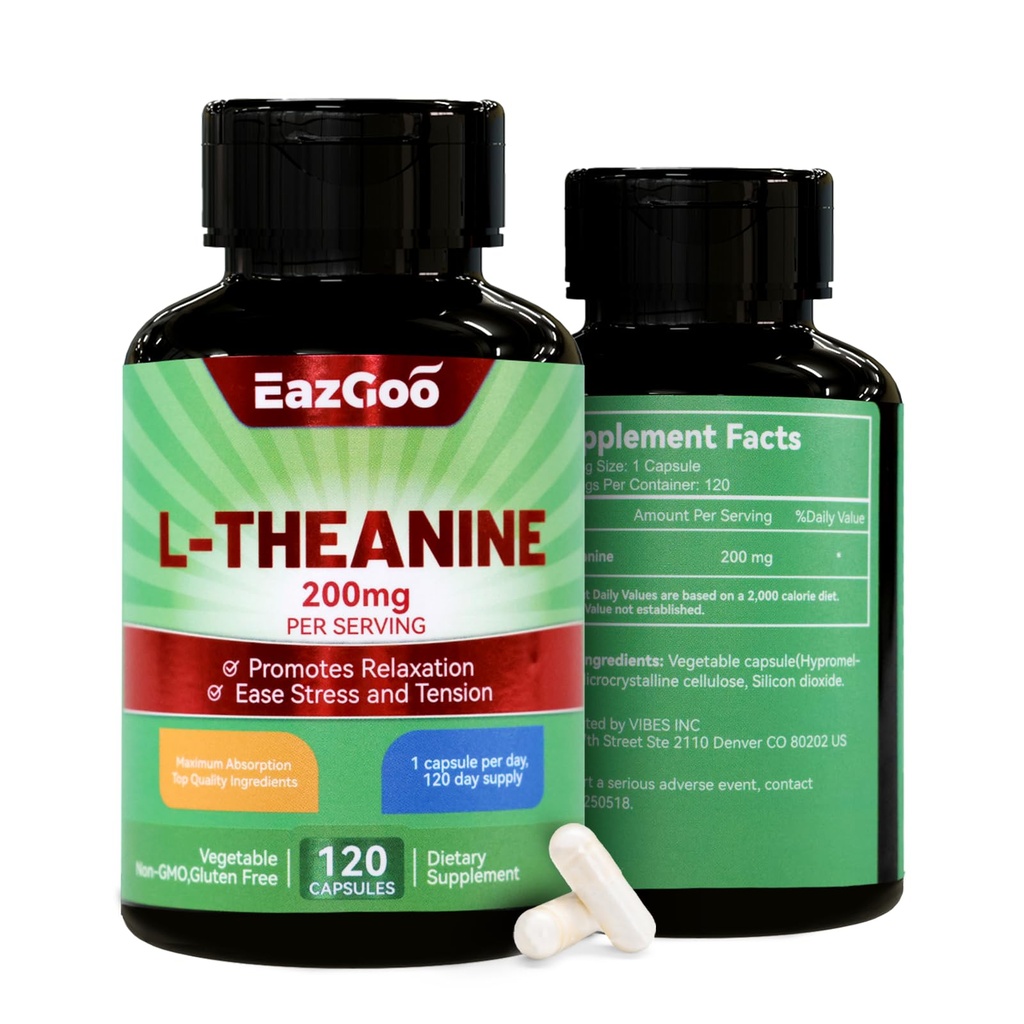 L-Theanine 200mg, Aminohappo täydentää tukea rentoutumista, stressiä, L Theanine kapselit - ei-GMO, Gluteeniton, 240 Veg kapselia