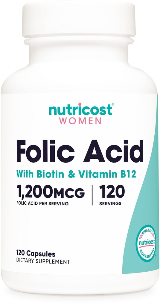 Nutricost Folic Acid för kvinnor (Vitamin B9) 1200 mcg, 120 kapslar, med B12 och Biotin, Veggie Caps, Non-GMO & Gluten Free