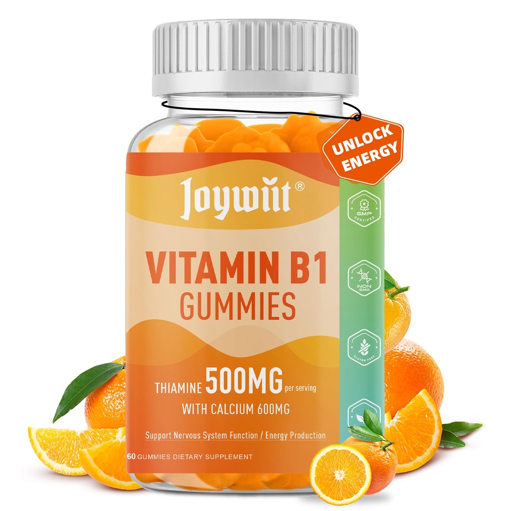 B1-vitamiini Gummies 500 mg, pureskeltava tiamiini B1 täydentää aikuisille, 600 mg kalsiumsitraatti, tuki hermosto, vegaaninen, luonnollinen appelsiini maku
