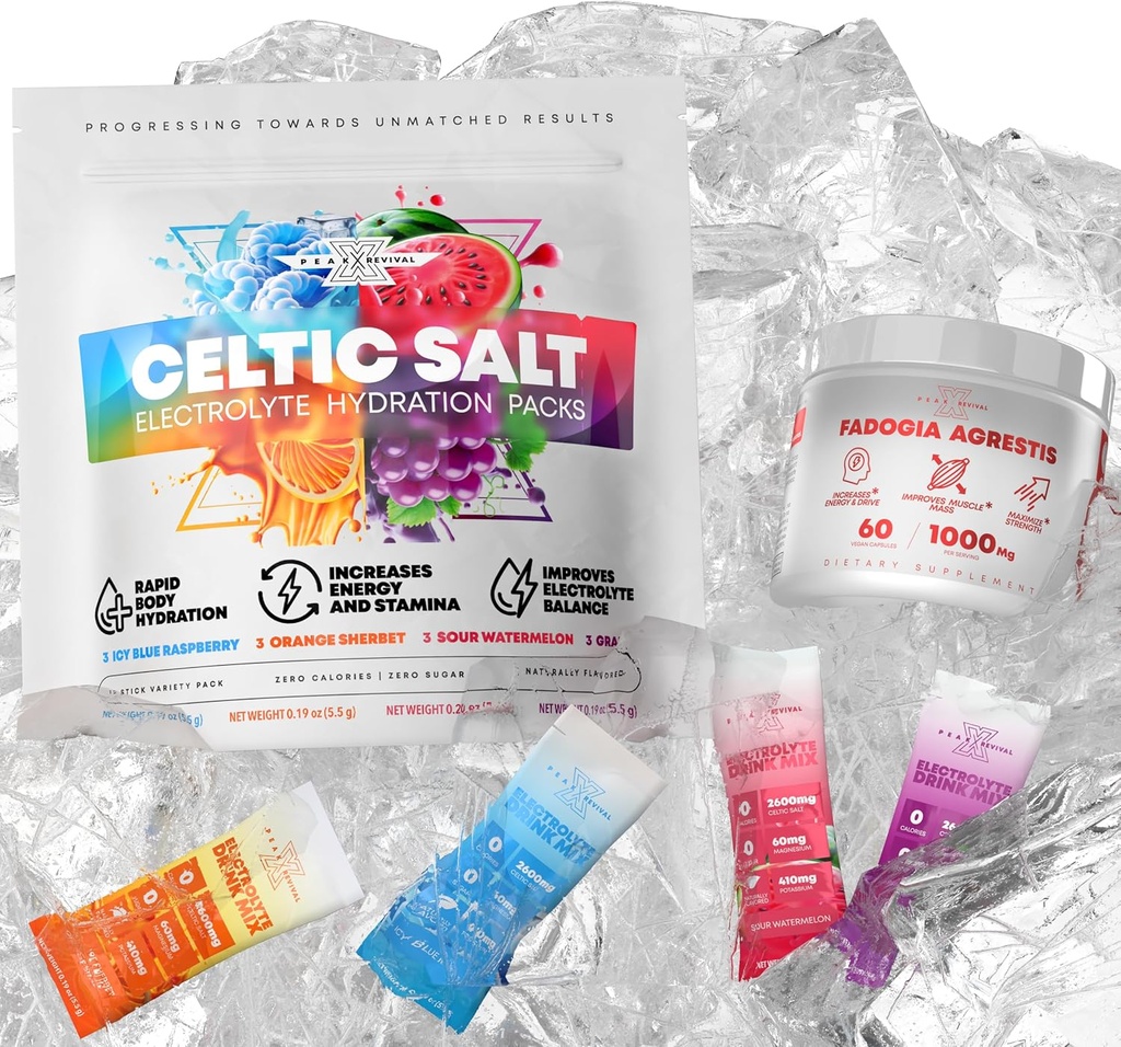 Fadogia Agrestis 1000 mg per tarjoilu täydennysosa + Elektrolyytit Powder Packets Celtic Salt 12 Electrolyte Packets