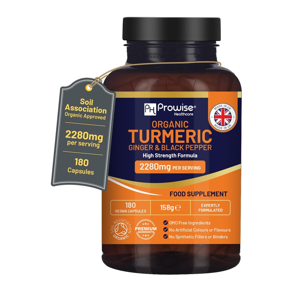 Gurkmeja 2280mg (High Strength) med Black Pepper & Ginger - 180 Vegan Turmeric Capsules med Active Ingredient Curcumin I UK Made by Prowise Healthcare