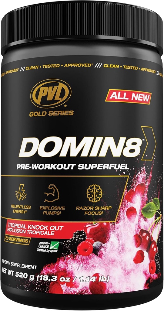 PVL Gold Series Domin8 | Pre-Workout Superfuel - Full dos Preworkout - 520 g - Tropical Knock Out