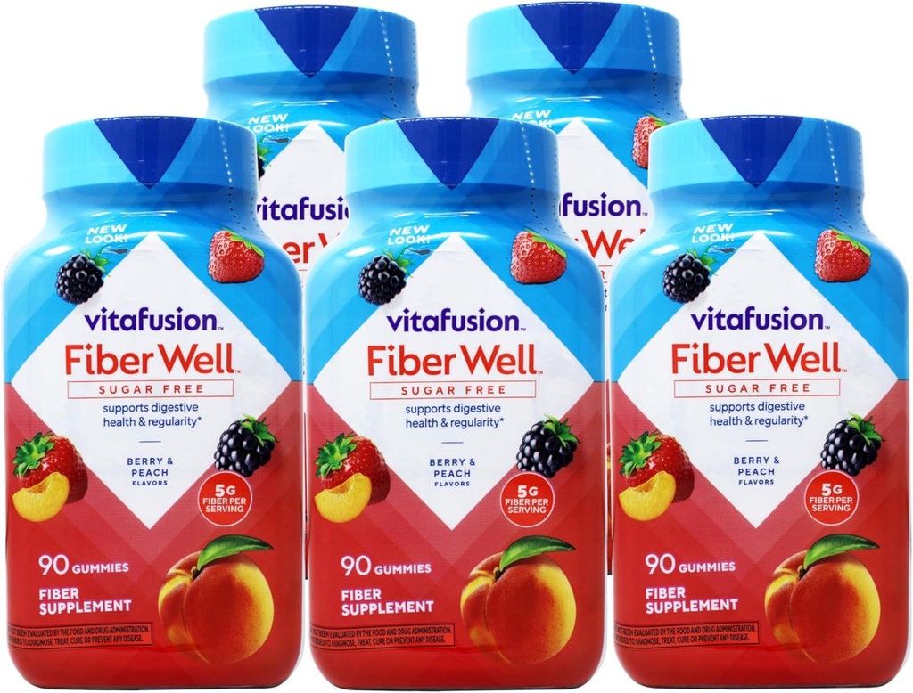VitaFusion, Fiber Well Gummies, Fiber Supplement, diverse smaker - 90 gummies, Pack med 5