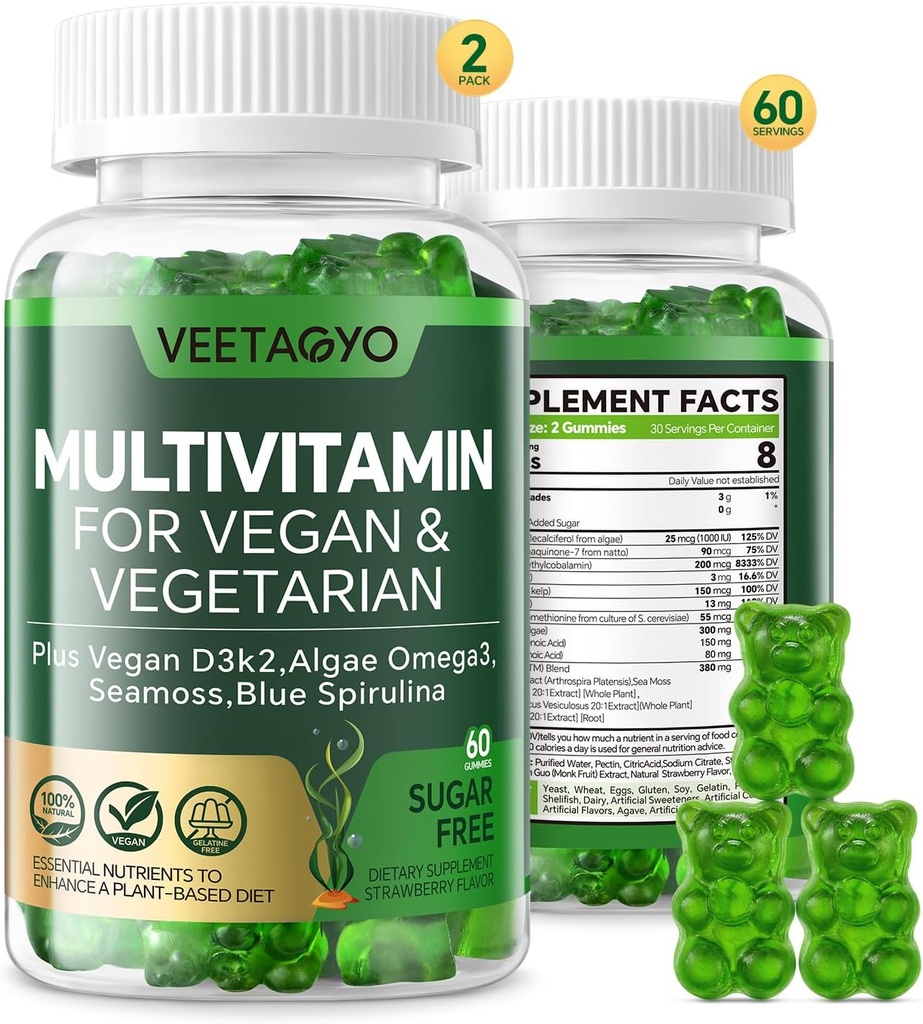 D3-vitamiini + K2-1000IU D3 90mcg K2 - monivitamiini kasvissyöjälle ja aikuisille w/Algae Omega-3,Iron,Metyyli B12,Seamoss,Jodi luulle,Muscle,Energy, Immuniteetti Tuki-sokerivapaa,Gluteeniton,120