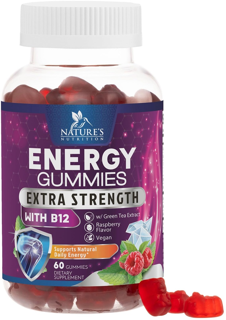Energy Gummies 1000mcg - kanssa B12-vitamiinia, Vihreä tee luonnon kofeiini tukea, Päivittäinen energia Gummies - herkullinen Berry Flavor B12 puruteltava harjoitus täydentää ajaa pyöräily & urheilu - 60 purut
