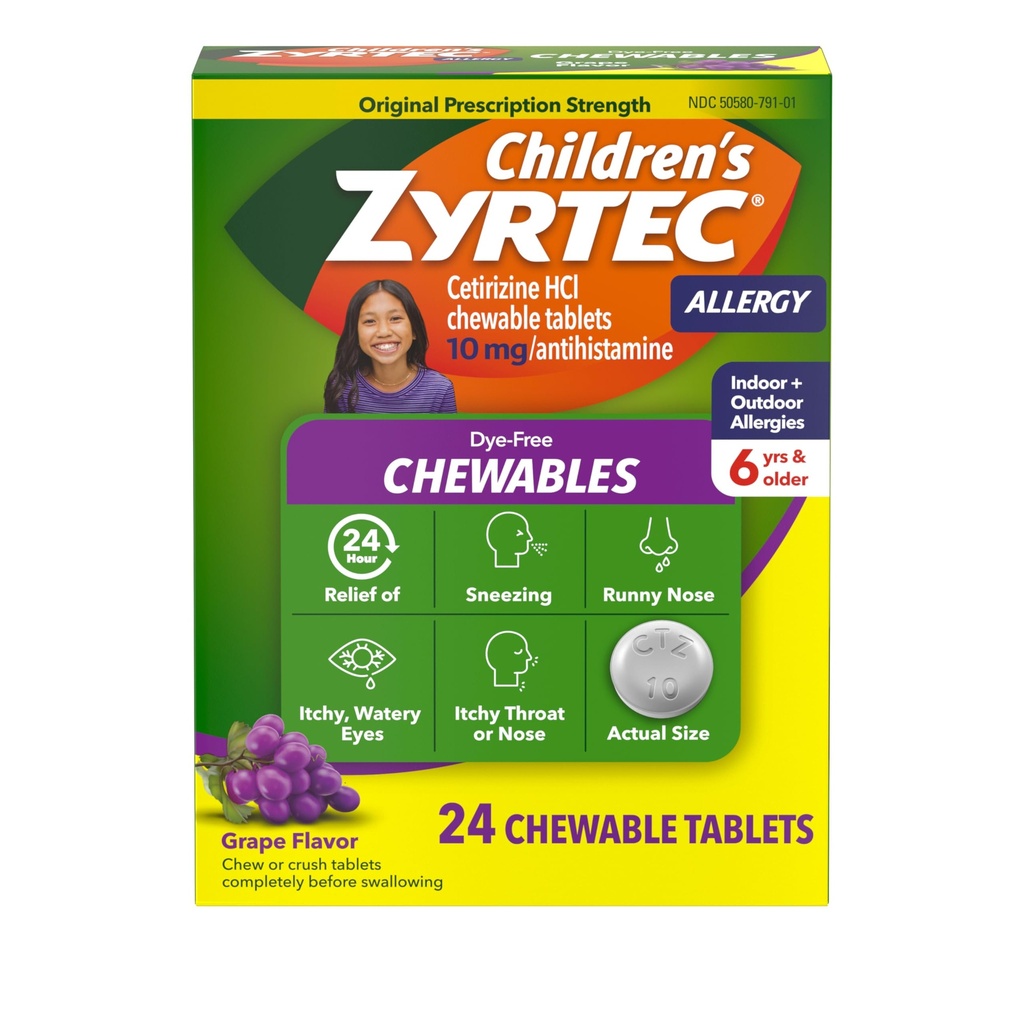 Zyrtec Lasten värjäyksetön purutabletti 24 tunnin Allergian hoitoon, 10 mg Cetitiz Hydrochlorothiazide Antihistamiinitabletit, lapset Allergialääkkeet lievittävät aivastelua ja kutiava kurkku, rypäleet, 24 lla