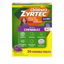 Zyrtec Barnens Dye-Free Chewables för 24 timmars allergilindring, 10 mg Cetirizine Hydrochloride Antihistamine tabletter, Kids Allergy Medicine Relieves Sneezing & Itchy Throat, Grape, 24 ct