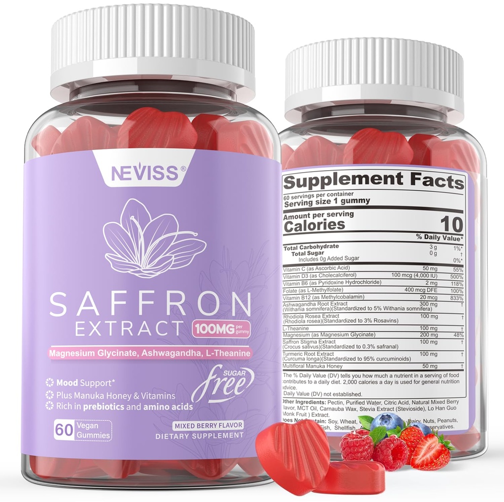 Saffron lisäravinteet Gummies 100mg - 100% puhdasta sahramiuutetta magnesium-Glycinate, L-Theanine, Turmeeric, Ashwagandha, Honey & Vitamiini B Complex mielialan & Power, antioksidantti, elinkyky - 120