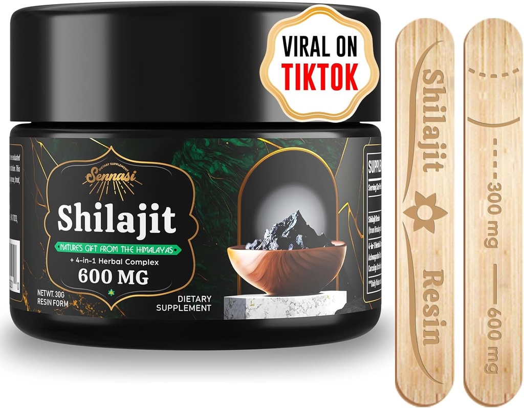 Sennasi 600 MG Shilajit Harsin - Shilajit Supplement Fulvic Acid & 85+ Trace Minerals for Energy, Immuniteetti, aivoteho, 30 Gram
