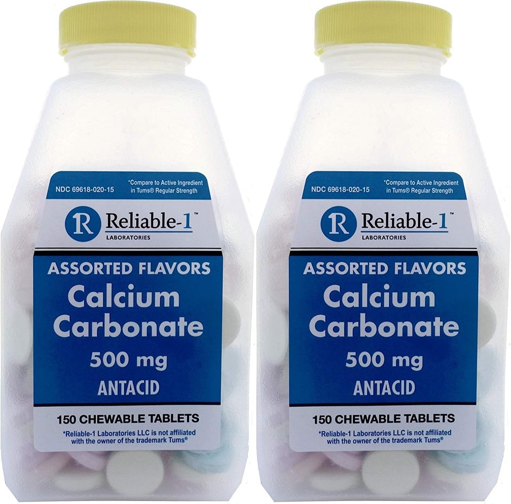 Calcium 500 mg General for Tums Assorted Fruit Flavored Chewable Tablets Säännöllinen vahvuus Antasidit happo ruoansulatushäiriöt, närästys, hapan vatsa 150 purutablettia 2 purutablettia pullo