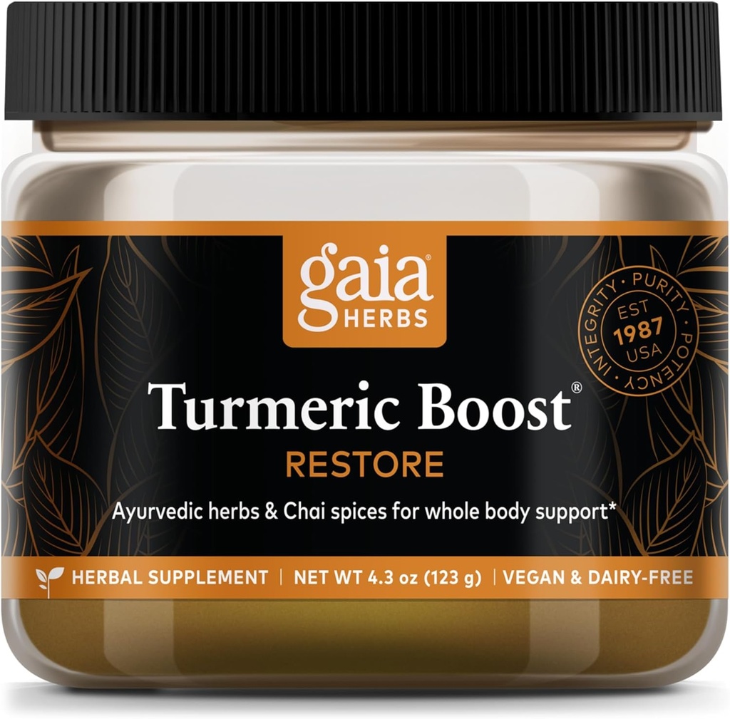 Gaia Herbs Turmeric Boost Restore - Turmeric Drink Mix som stöder ett hälsosamt svar på svullnad hos vuxna - med gurkmeja Curcumin, Black Pepper, Holy Basil & Ginger - 4.3 Ounces (21-dagars leverans)