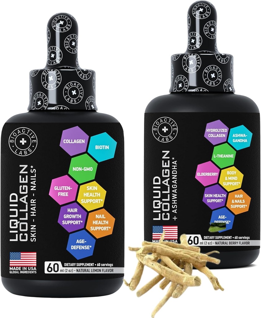 Liquid Collagen Biotin ja Liquid Collagen Ashwagandha parannettu Collagen Bundle hiusten kasvua, ihon hehkua, kynnet