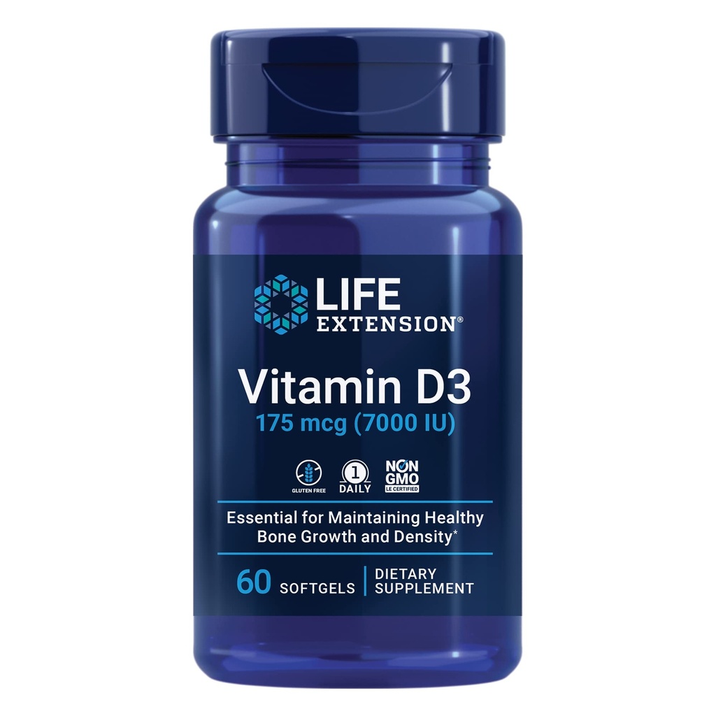 Life Extension D3-vitamiini 175 mikrog (7000 IU), immuunijärjestelmän tuki, luunterveys, aivojen suorituskyky, gluteeniton, ei-GMO, kerran päivässä, kahden kuukauden toimitus, 60 pehmogeeliä