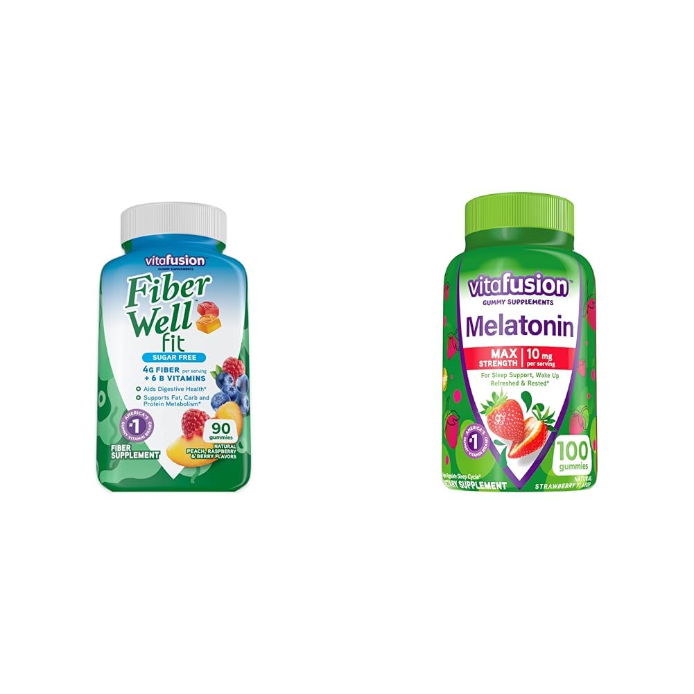 Vitafusion Fiber Well Fit Gummies 90 Count ja Max Strength Melatoniini Gummies 100 Count
