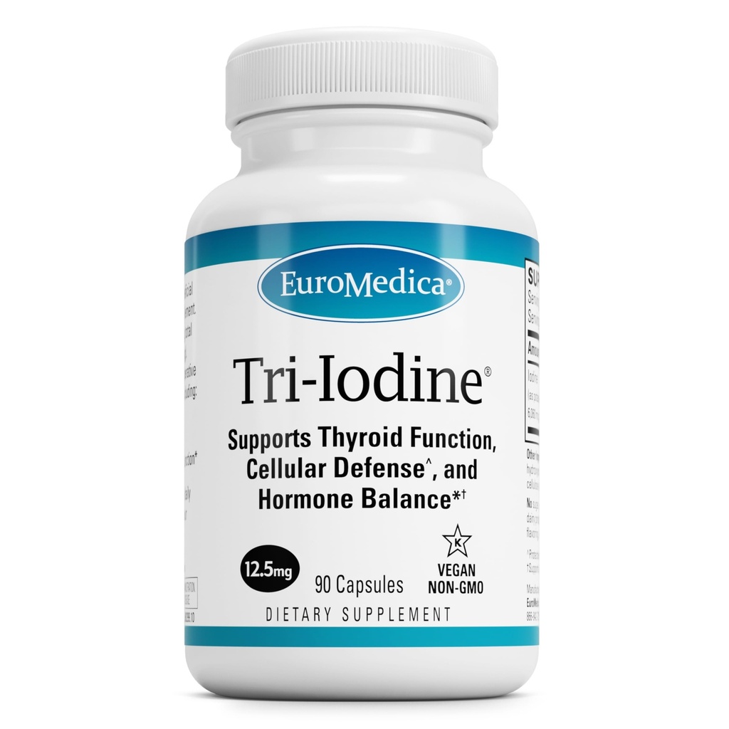EuroMedica Tri-jodi - Tuki Kilpirauhasen terveys - Aids Hormonitasapaino molekyylijodin kanssa Kelp - Ominaisuudet Kalium Iodide & Natrium Iodide - Aivojen ja energian tuki - 12.5mg, 90 kapselia