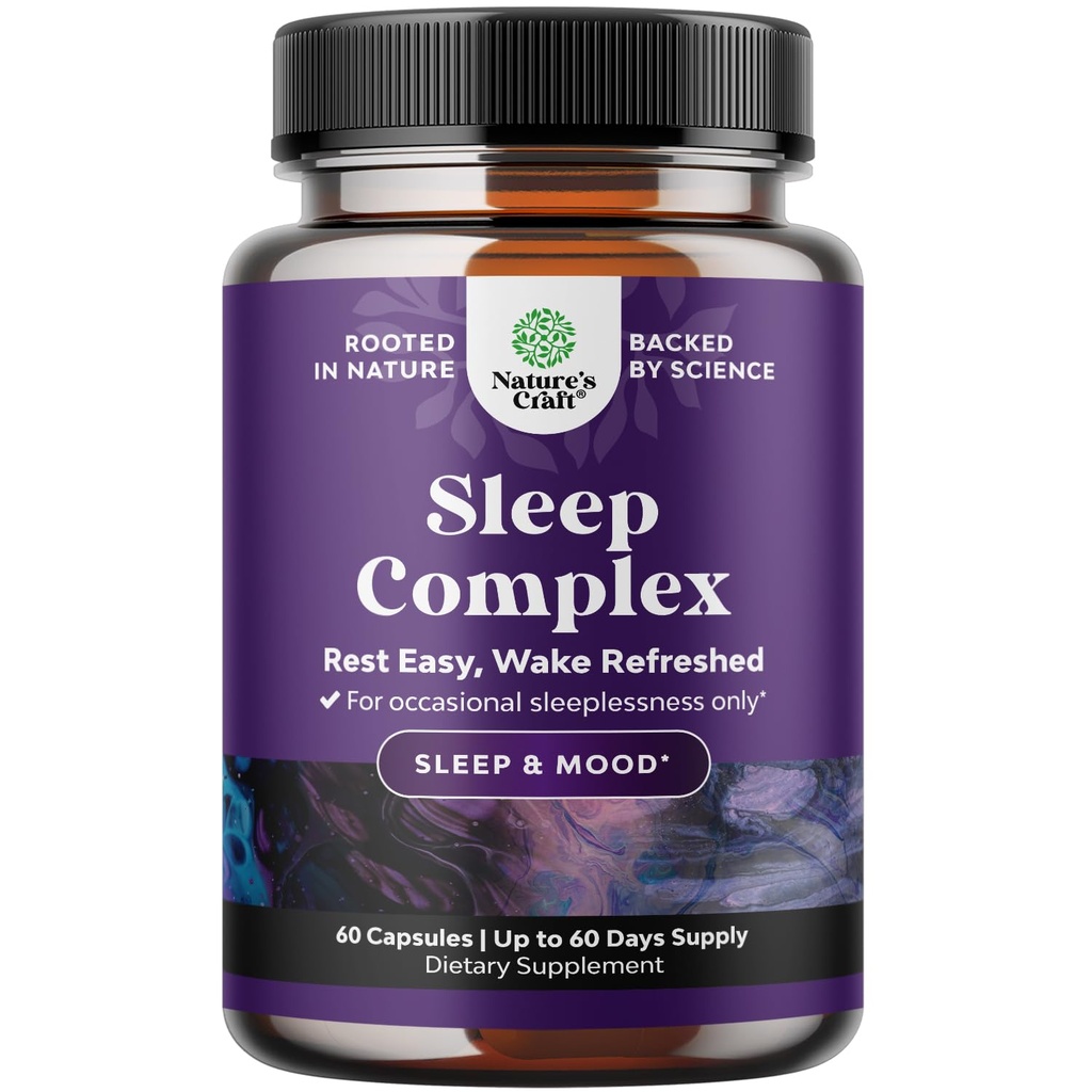 Natures Craft Natural Recrearing Sleep Formula - Tukee Terve Lepo - Non Addictive Supplement - Magnesium L-Theanine GABA - Puhdas kasviperäisiä ainesosia