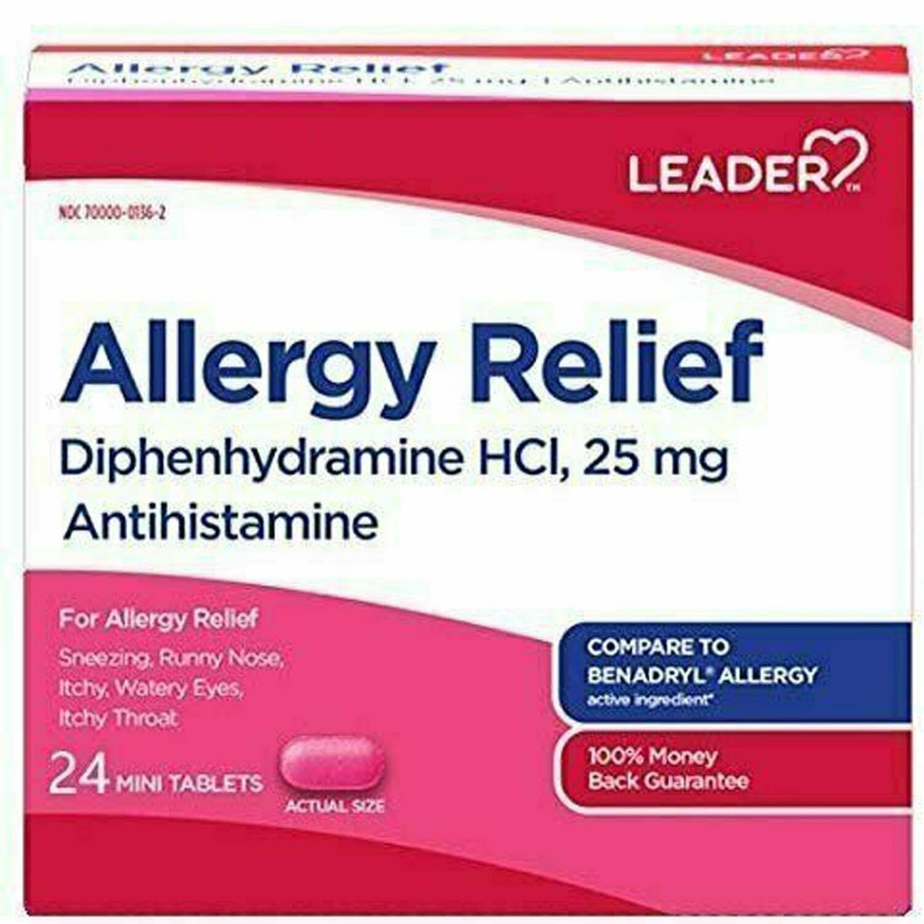 Leader Antihistamiini Allergy Relief Difenhydramiini HCl, 25 mg Mini Tabletit, 24