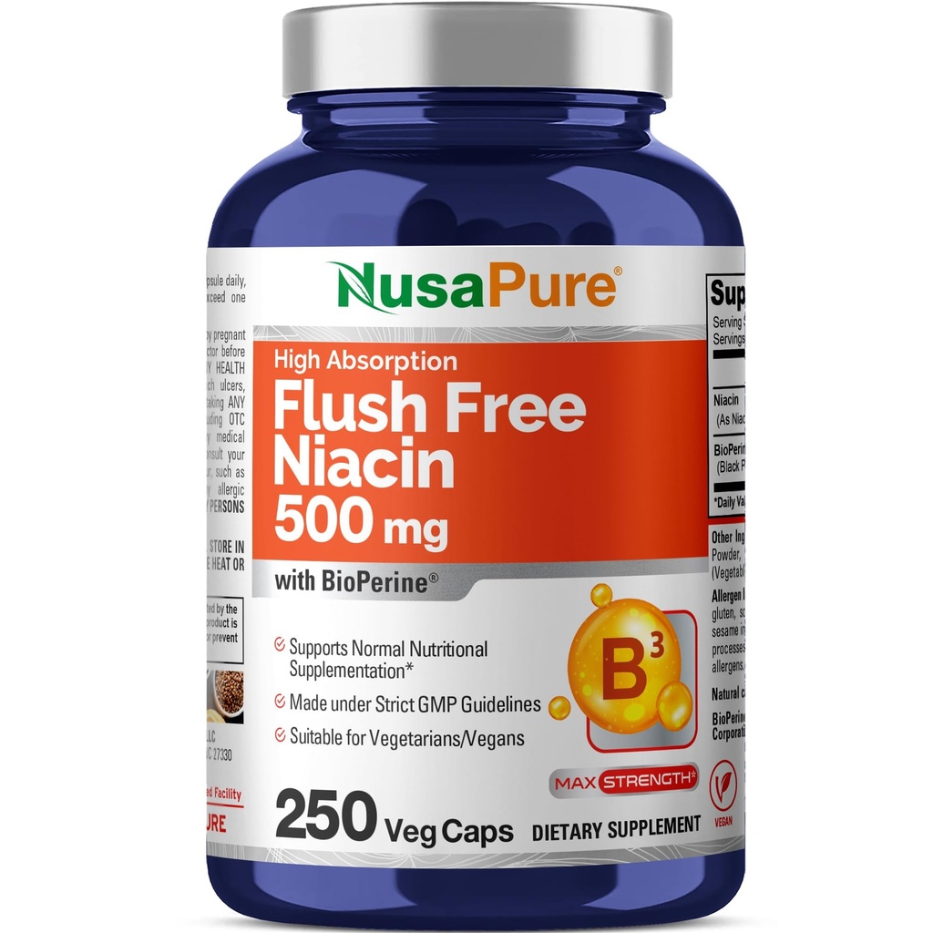 NusaPure Flush Free Niacin 500 mg 250 kapselia (Vegaani, ei-GMO & Vegan) Bioperiini