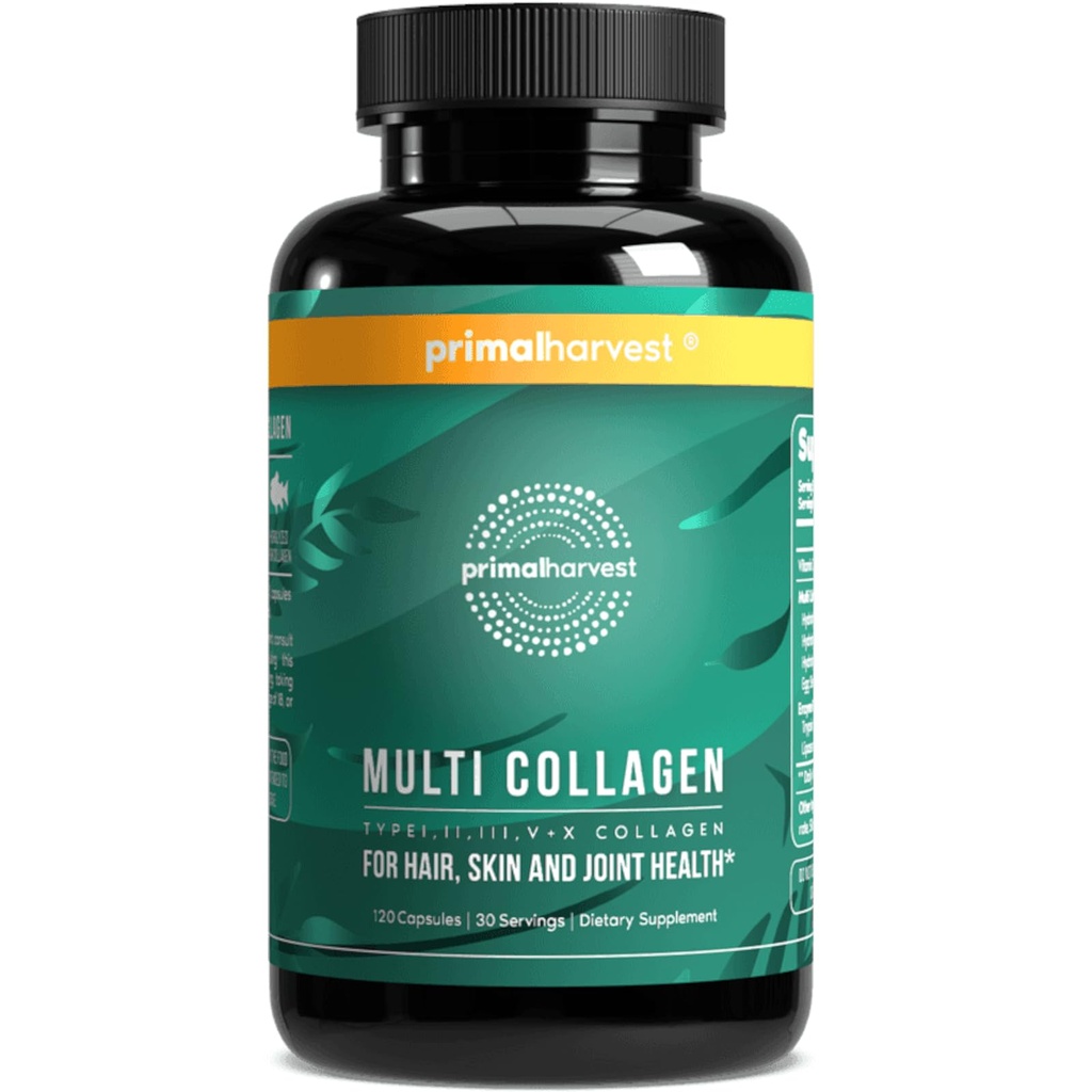 Primal Harvest Multi Collagen Pillerit naisille ja miehille (tyyppi I, II, III, V, X) 120 kapselia w/Vitamin C hiuksille, iholle, kynsille