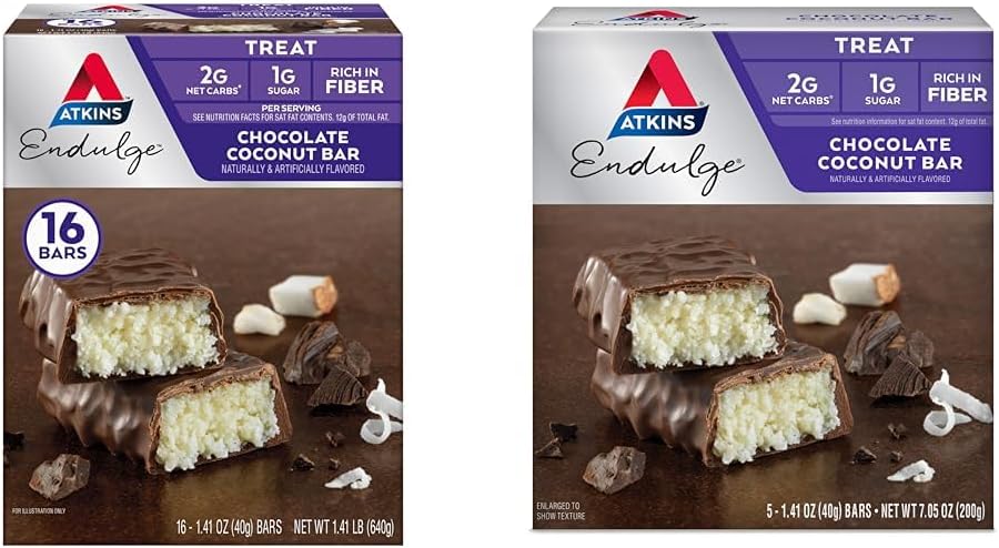 Atkins Endulge Chocolate Coconut Bar 16 Count & 5 Count Bundles, Dessert Favorit med Chocolatey och Coconut Flavors, High in Fiber, 1g Sugar per portion