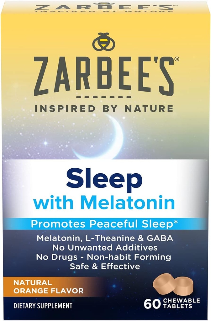 Zarbee melatoniini 5 mg, L-Theanine + GABA Sleep täydentää edistää rauhallinen uni, luonnollinen appelsiini maku, purutabletit aikuisille Ikä 12 Up, 60