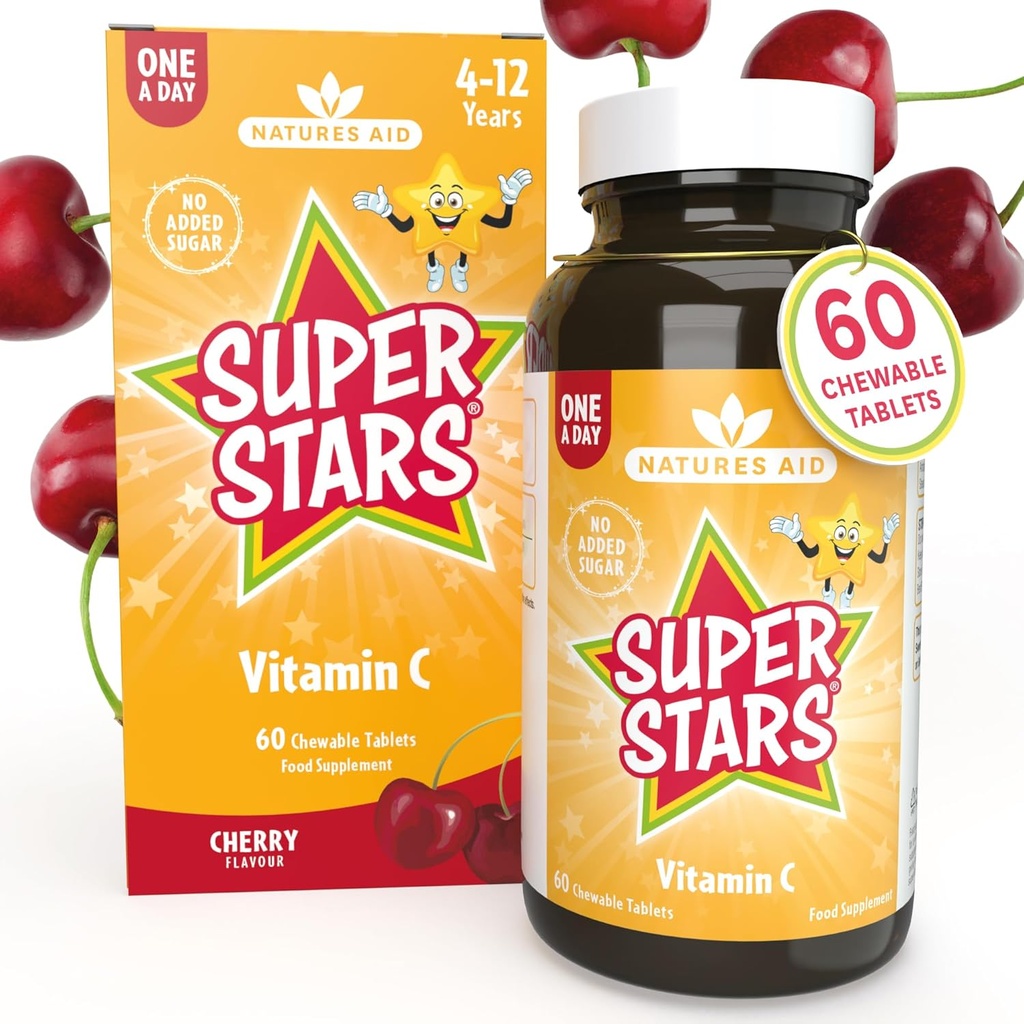 Hemir Natures Aid Super Stars C-vitamiini lapsille 4-12 vuotta, 60 purutablettia