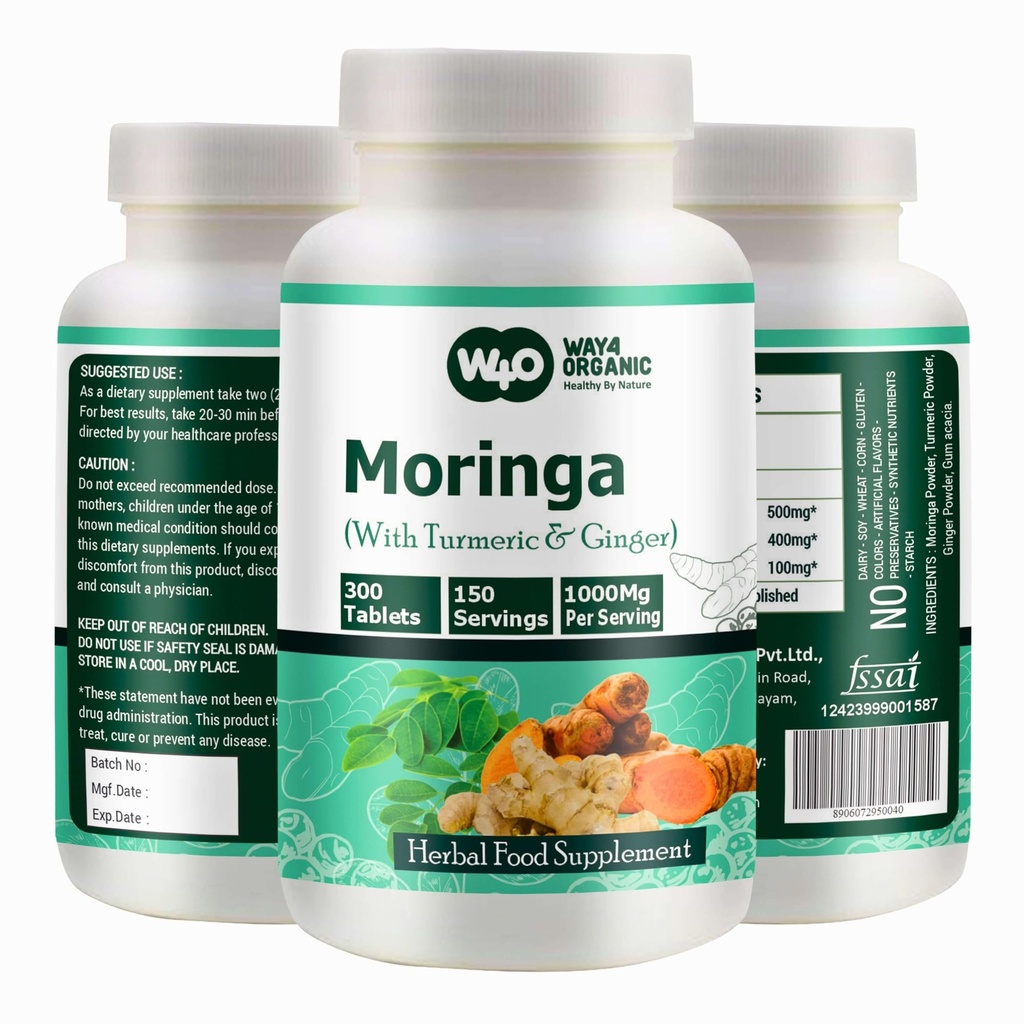 Moringa tabletteja Turmeric ja inkivääri, 300 pillereitä, 5 kuukauden tarjonta, 150 tarjoilu, 1000 Mg per tarjoilu. Yksi kapseli, jolla on useita etuja - tukee digestiivinen terveys(Pakki 1)