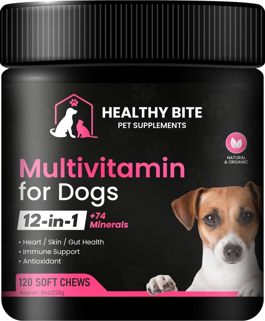 Terve Bite 12 in 1 Multivitamiini koirille - ihon ja turkin täydentää, immuuni tuki, lemmikki-vitamiinit, kalsium koirille Valmistettu USA - 120 Count