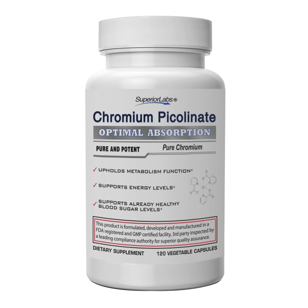 Superior Labs Chromium Picolinate 500mcg, High Absorption, Non-GMO, Blood Sugar & Metabolism Support, Vikt och Mat Craving Management, hjälper energi & insulinkänslighet, 120 Veg Caps