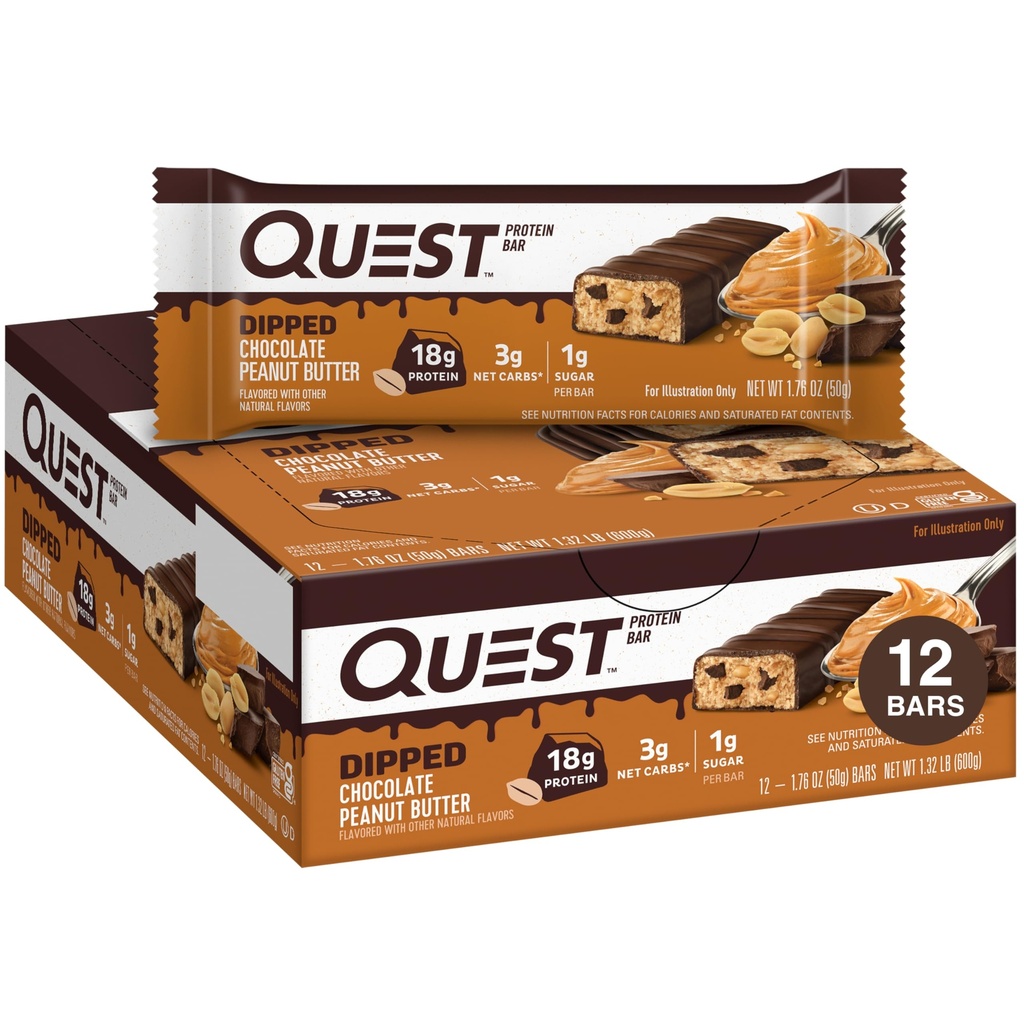 Quest Nutrition Dipped Chocolate Peanut Butter Protein Bars, 18g Proteiinia, 1g sokeria, 3g Net Carbs, Gluteeniton, 12 kreivi