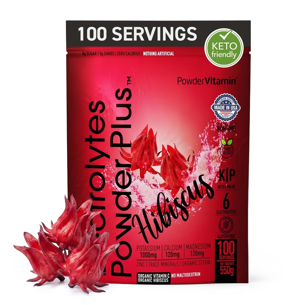 PowderVitamin Electrolytes Powder Plus (100 portioner) Hibiscus Electrolyte Powder Zero Calorie Keto,0 Sugar, No Maltodextrin,1000mg Potassium,120mg Calcium,120mg Magnesium, Hydration Powder