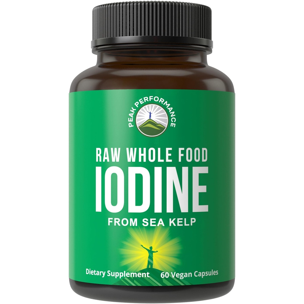 Raw Whole Food Iodine Supplement från Organic Kelp (Ascophyllum Nodosum) av Peak Performance. Kaliumjodid stöd tabletter. för metabolism, energi och immun. 60 Vegan kapslar, piller.