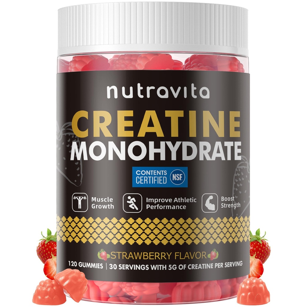 Nutravita NSF Certified Creatine Gummy - Kreatinmonohydrat Gummies för män och kvinnor-5g av kreatinmonohydrat per servering - sockerfri, Vegan, jordgubbsmak, 120 greve