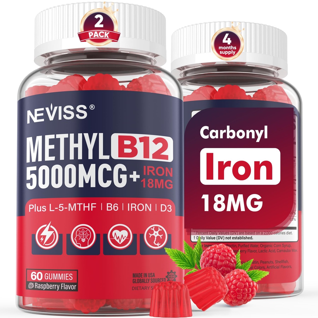 NEVISS Methyl B12 Vitaminer 5000 mcg Gummies + Järn 18 mg för kvinnor - Active Methylcobalamin Methylated B12 Vitamin Supplement w/L-MethylFolate, B6 (P5P) & D3 för energi & Focus Support, 120 portioner