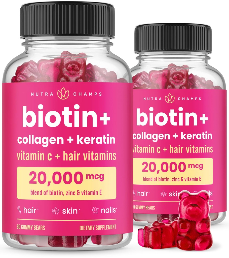 NutraChamps Hair Skin & Nails Gummies, Biotin med Collagen & Keratin, 5000mcg Biotin Beauty Complex, Vitamin Supplement, Berry, 120 Count, Healthy Hair, Radiant Skin & Strong Nails (Pack of 2)