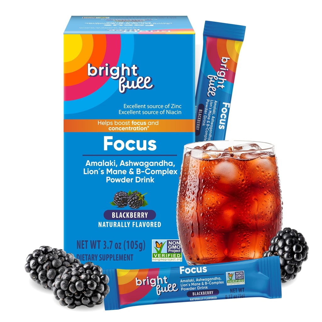 Supplement Focus Sugar Free Dietary Supplement Drink Mix Ashwagandha, Lion. Mane, B-vitamiinit B1 B2 B3 B5 B6 B12, Cognitive Performance & Clarity BlackBerry, 21 päivän tarjonta