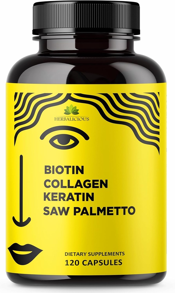 HERBALICIOUS Biotin Vitaminer med Collagen, Keratin & Saw Palmetto för kvinnor och män - Biotin 10000 mcg Hair Skin Nails Supplement för hår, hud och Nails Wellness - Tillverkad i USA, 120 kapslar