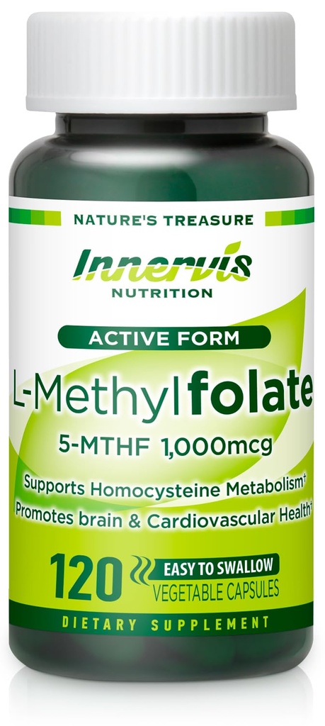 Bioaktiv folat (L-5-MTHF 1000mcg, Folate 1700mcg) - Brain & Mood Support, Easy-to-Swallow, 120 Veg kapslar