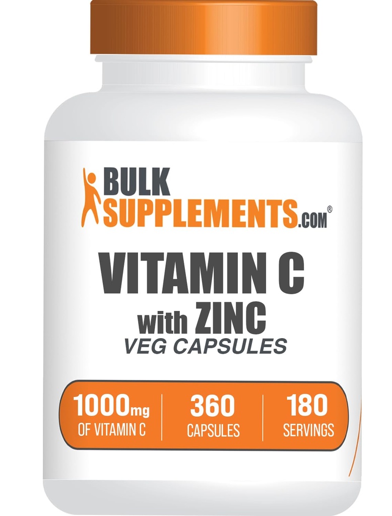 BulkSupplements.com Vitamin C med Zink Capsules - Vitamin C 1000mg & Zink 15mg, för Immune Support - Vegan, 2 kapslar per servering, 360 Veg Count (Pack av 1)