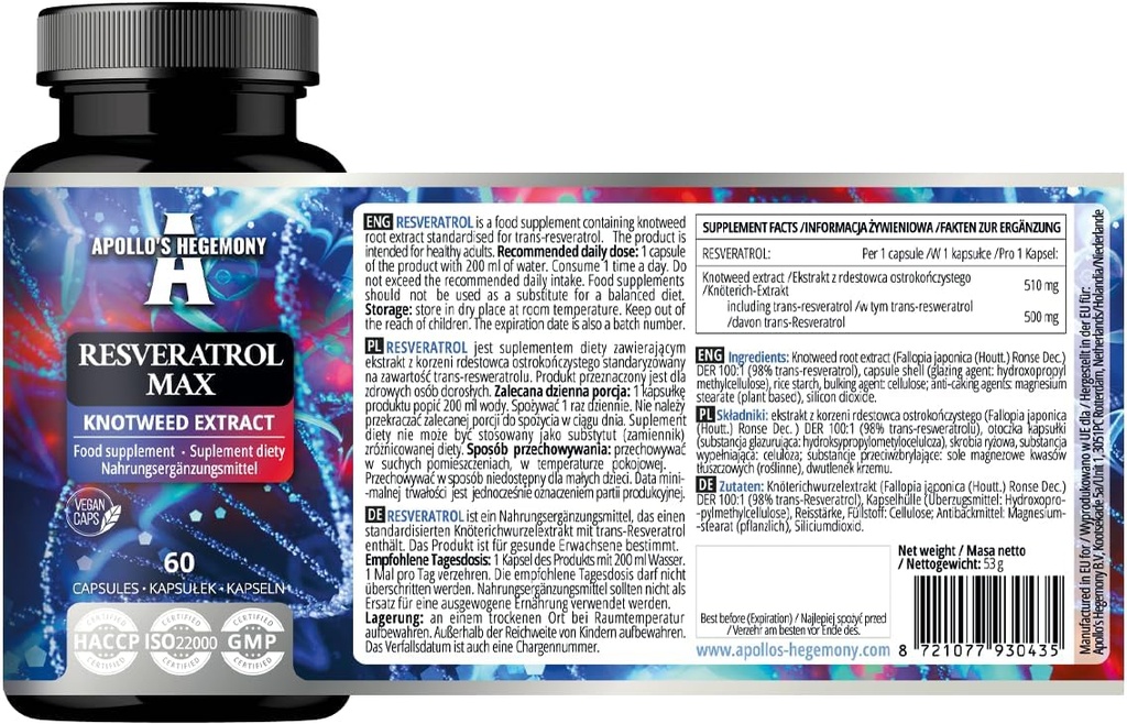 APOLLO's HEGEMONY Resveratrol Max - 500 mg per kapseli - 60 vegan kapselit - korkea puhtaus 98% uute - tukee Circulatory Health - luonnollinen antioksidantti - ravintolisä