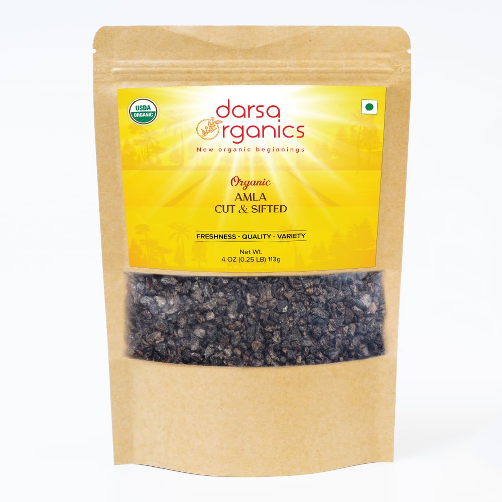 Darsa Organics Indian Gooseberry, Dried Amla Cut & Sifted 4oz - USDA Organic Amla för Herbal Tea, Hälsosamma recept, hårväxt och immunitet, Rik i vitamin C & Antioxidanter, Vegan, icke-GMO, Gluten Free, Kosher