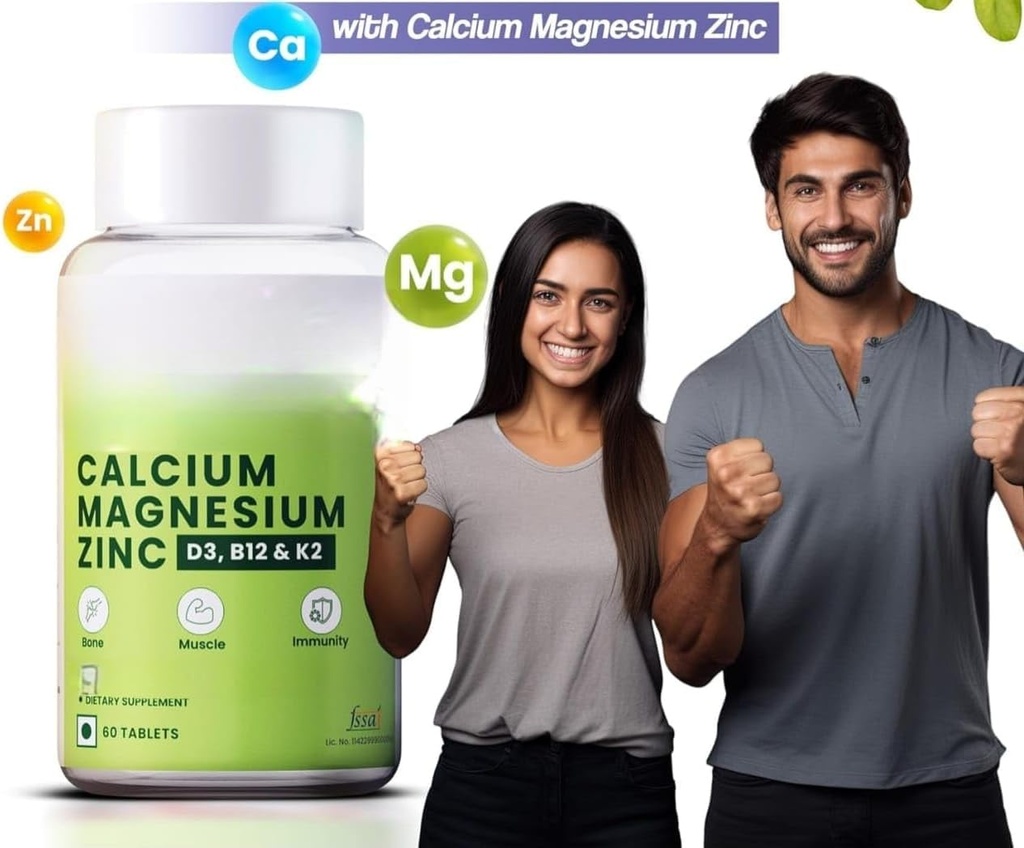 Kalsium, magnesium, sinkki, D3- ja B12-vitamiini, 1000 mg I 60 Veg-tabletit.