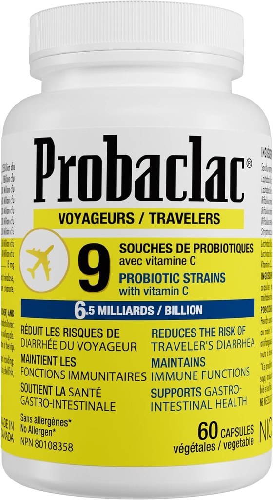 Natural Travelers Probiootit, Vähentää riskiä ripuli, sisältää C-vitamiinia, Immuuneja tukea, Gluteeniton, Matkan koko, Loma, Risteily ja lentokone Matkustaa Essentials, Vegan, 60 kapselia