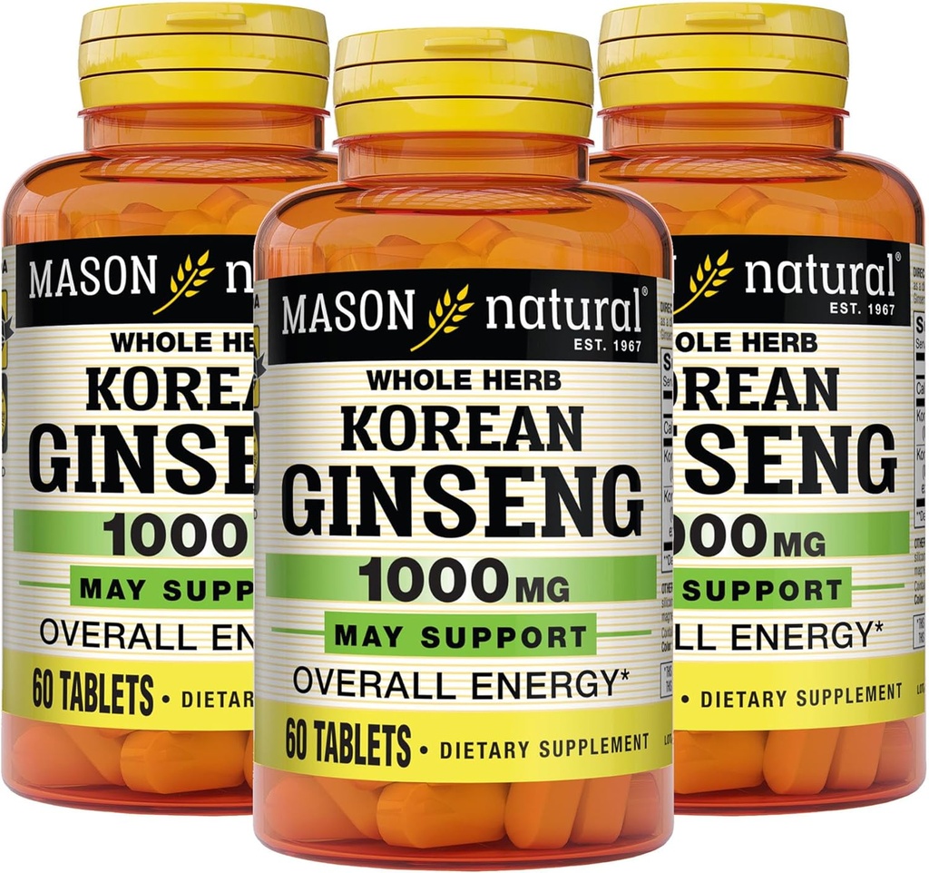 MASON NATURAL Korean Ginseng 1000 mg, stöder energi, uthållighet och vitalitet, 60 tabletter, paket med 3