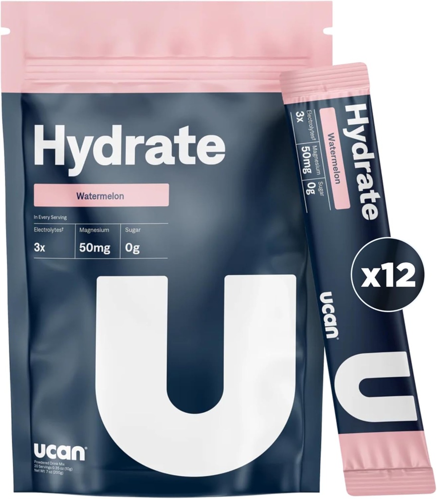 UCAN Hydrate Electrolyte Drink Mix (Watermelon, 12 Sticks) Sokeriton, Keto-ystävällinen, Vegaani, ei-GMO, gluteeniton Elektrolyyttijauhe kanssa Kalium & Magnesium Runners &amp; urheilijoille