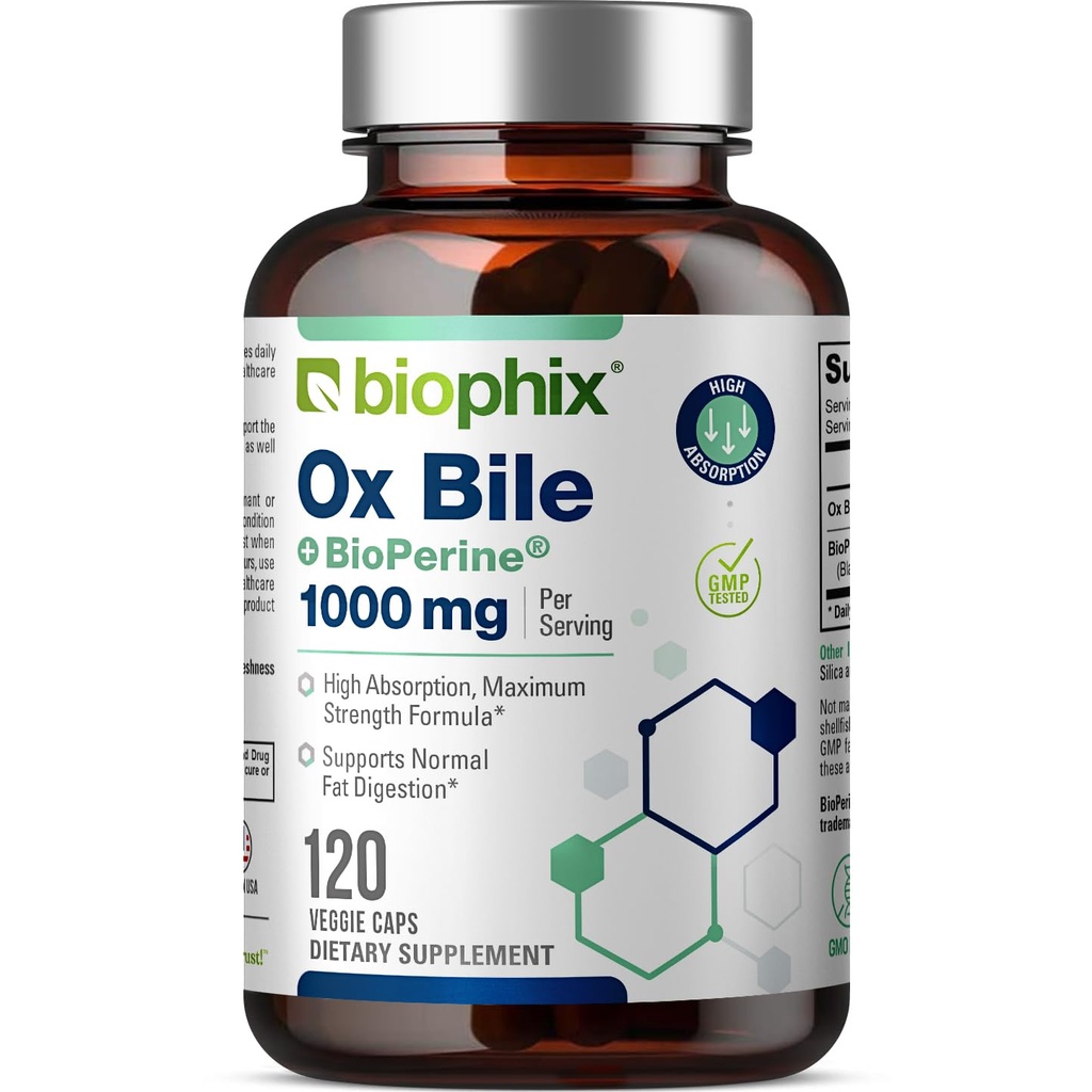 Biophix Ox Bile 1000 mg yhdessä BioPerine 120 kasviskapselin kanssa - suuri imeytyminen Ruoansulatuskanavan lisäravinteet - Maksan aineenvaihdunta GI Fat Metabolia tuki