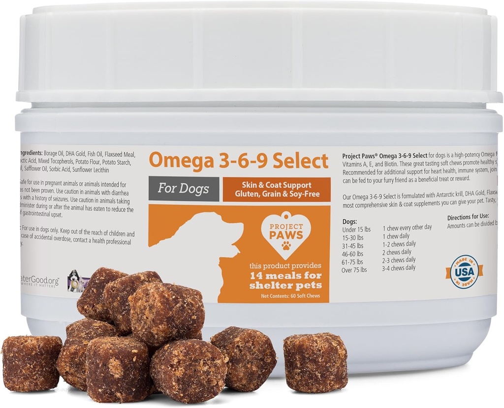Project Paws Omega 3-6-9 Välj fiskolja för hundar - Krill Oil Skin och Coat Supplement - 60 greve