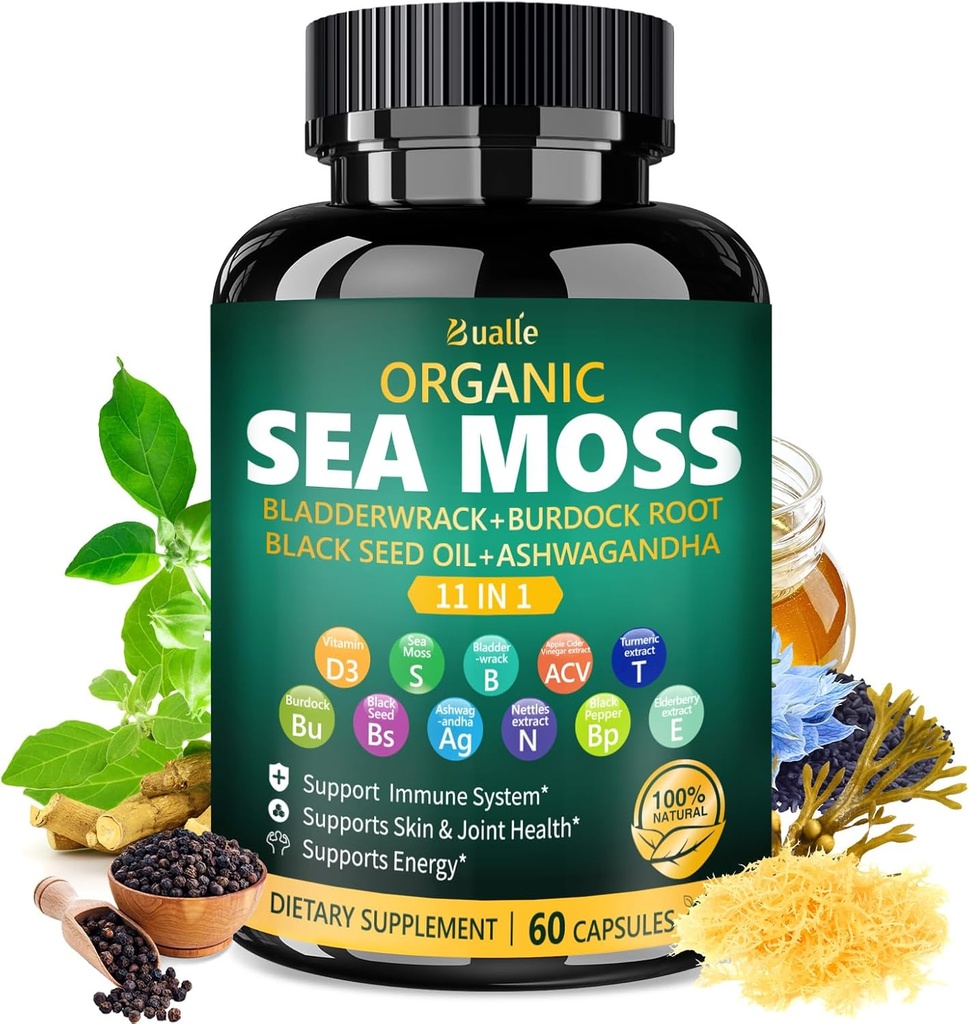 Bualle Organic Sea Moss Capsules with Black Seed Oil, Ashwagandha, Blackderwrack, Inkivääri & Burdock Root 